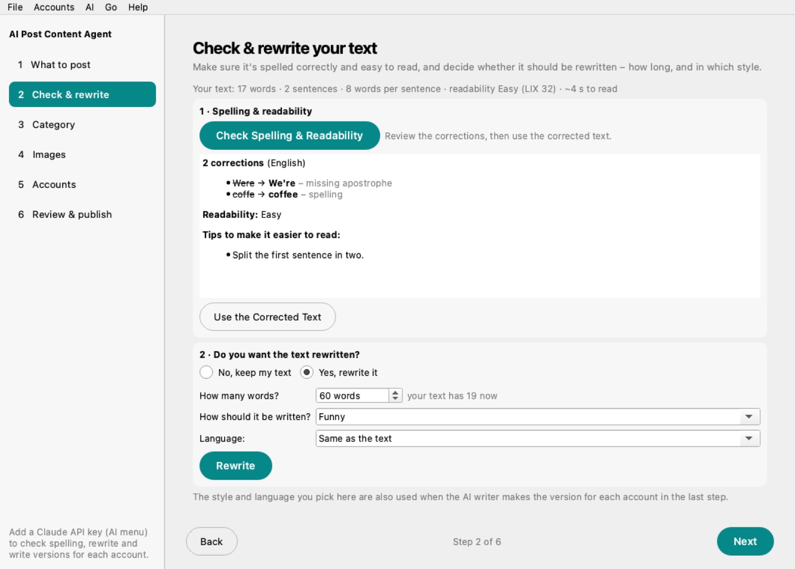 AI Post Content Agent screenshot
